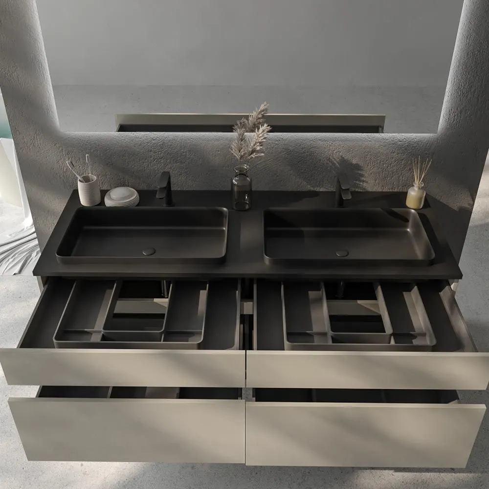 Mobile bagno DUNE con gambe a 4 cassetti e top SOLID SURFACE a 2 vasche - immagine 2