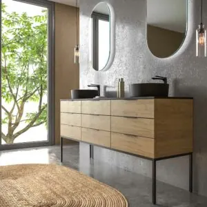 Mobile bagno ELLA con gambe 9 cassetti con top in SOLID SURFACE 2 lavandini ROVERE CHIARO