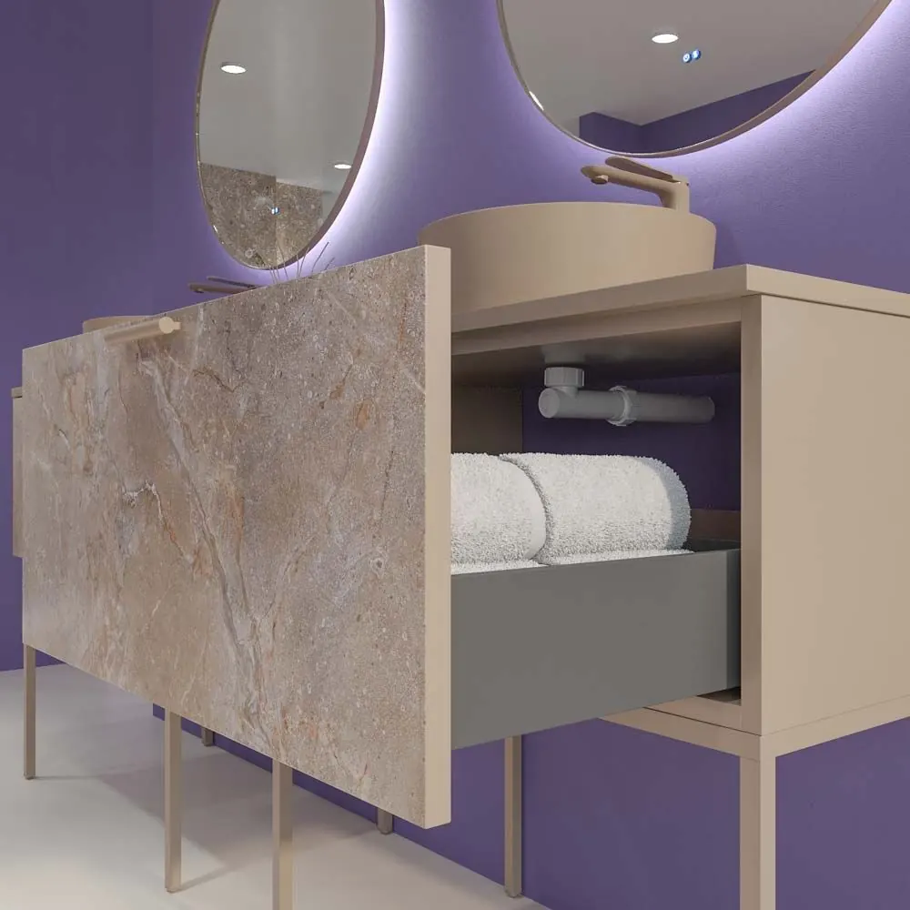 Mobile da bagno GRATE con gambe 1 cassetto finitura marmo ONIX MOKA con top e lavabo SOLID SURFACE Osiris - immagine 2