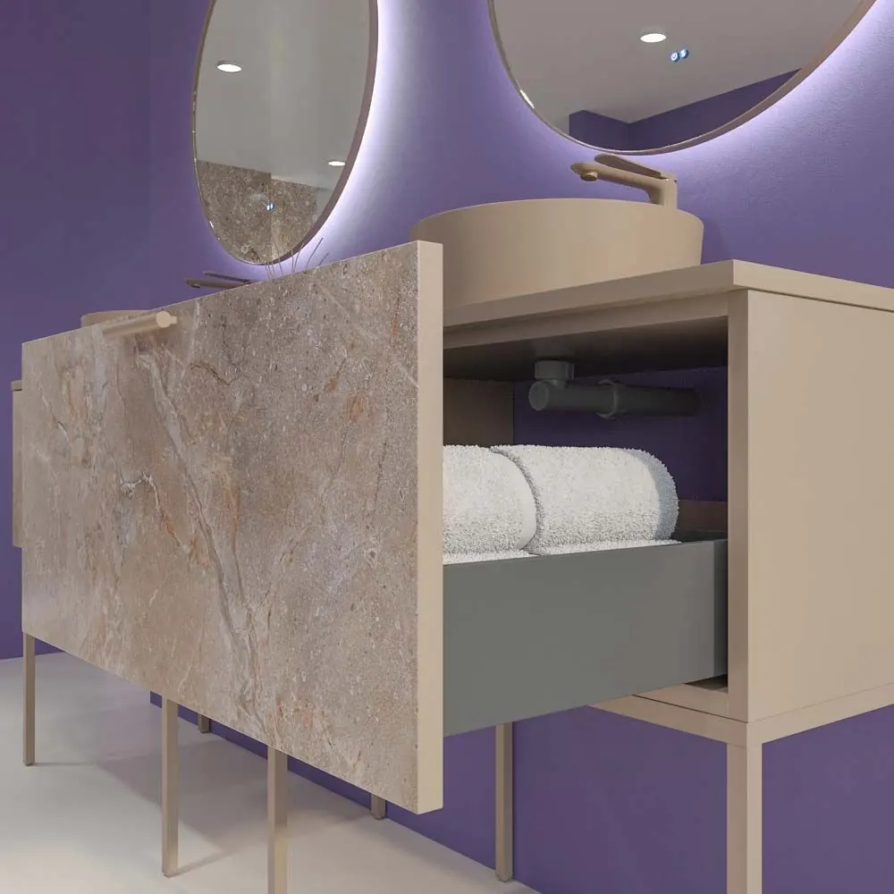 Mobile da bagno GRATE con gambe 1 cassetto finitura marmo ONIX MOKA con top e lavabo SOLID SURFACE Osiris - immagine 7