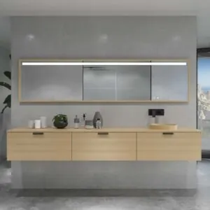 Mobile bagno sospeso HOLE con 3 cassetti, finitura CREMA, con piano SOLID SURFACE, lavabo semincasso Osiris