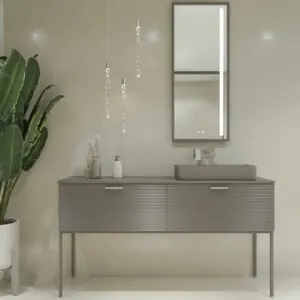Mobile bagno HOLE con gambe e 2 cassetti in finitura GRIGIO CEMENTO con top Fogo e lavabo SOLID SURFACE