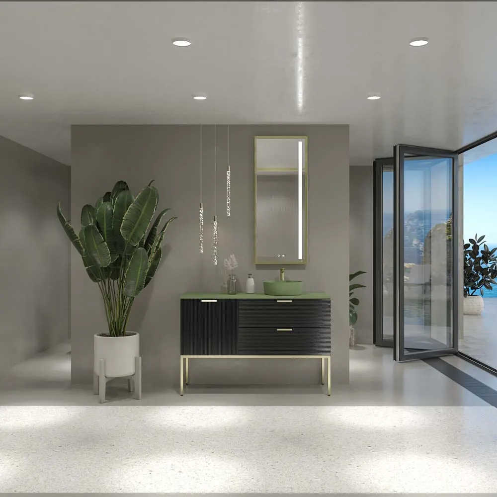 Mobile bagno HOLE con gambe 2 cassetti/1 anta finitura NERO con top Osiris Solid Surface VERDE e lavabo RESEDA - immagine 7