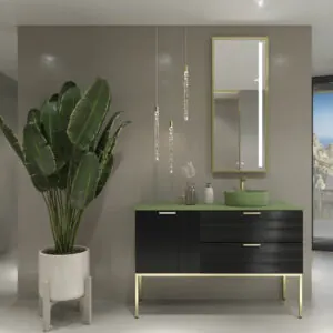 Mobile bagno HOLE con gambe 2 cassetti/1 anta finitura NERO con top Osiris Solid Surface VERDE e lavabo RESEDA