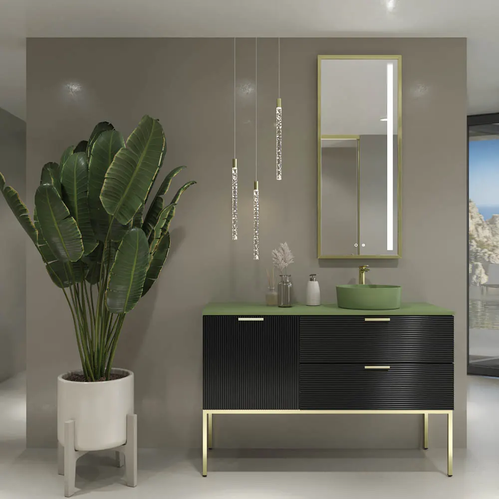 Mobile bagno HOLE con gambe 2 cassetti/1 anta finitura NERO con top Osiris Solid Surface VERDE e lavabo RESEDA