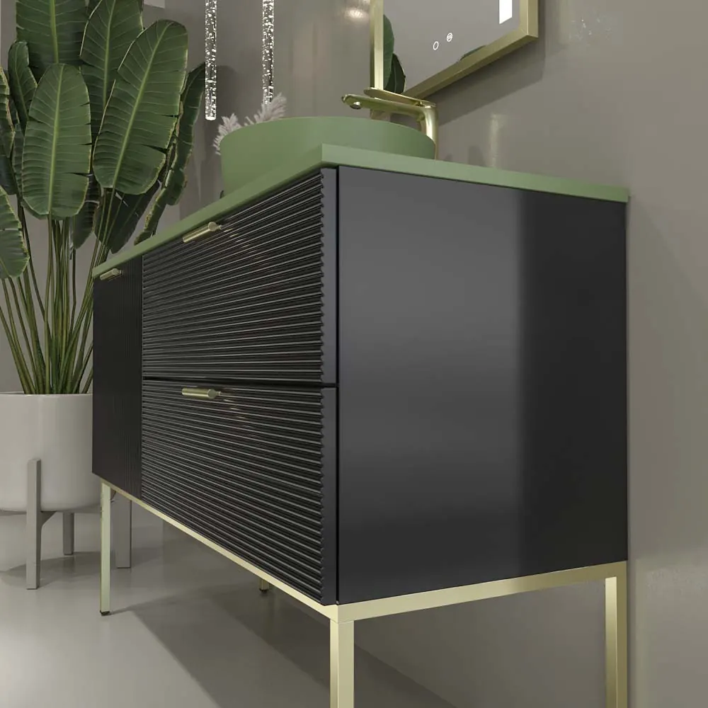 Mobile bagno HOLE con gambe 2 cassetti/1 anta finitura NERO con top Osiris Solid Surface VERDE e lavabo RESEDA - immagine 6