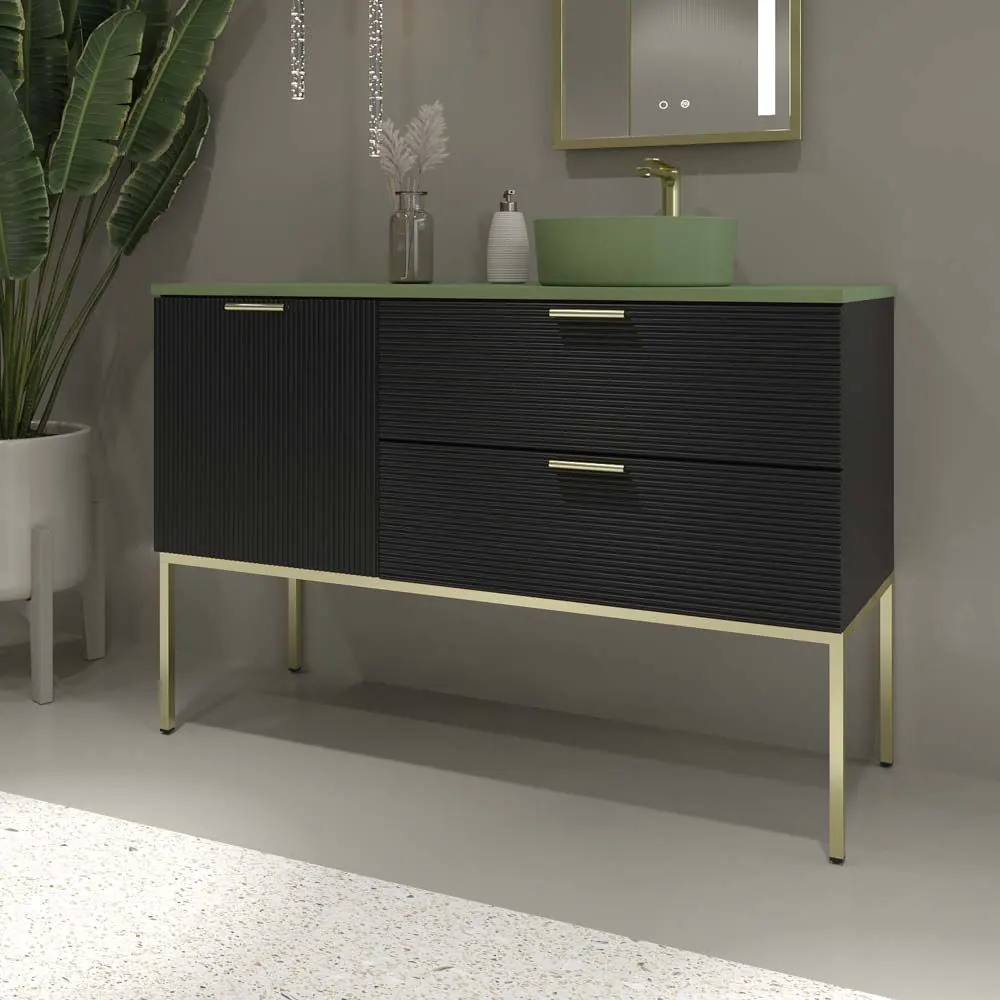 Mobile bagno HOLE con gambe 2 cassetti/1 anta finitura NERO con top Osiris Solid Surface VERDE e lavabo RESEDA - immagine 5