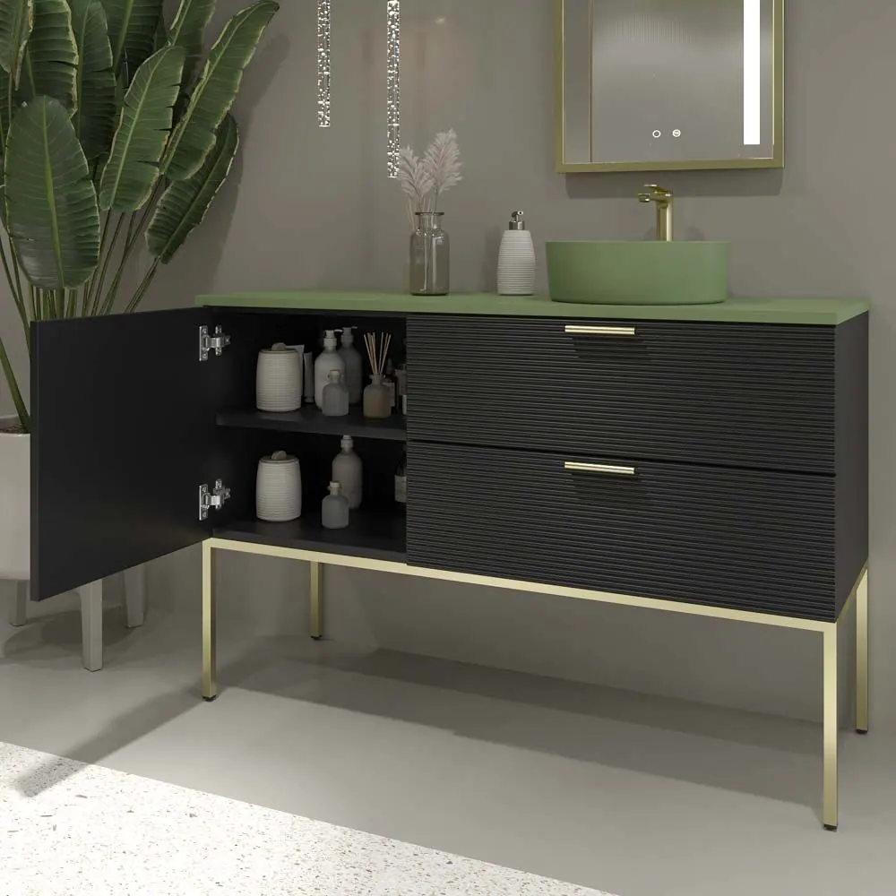 Mobile bagno HOLE con gambe 2 cassetti/1 anta finitura NERO con top Osiris Solid Surface VERDE e lavabo RESEDA - immagine 4