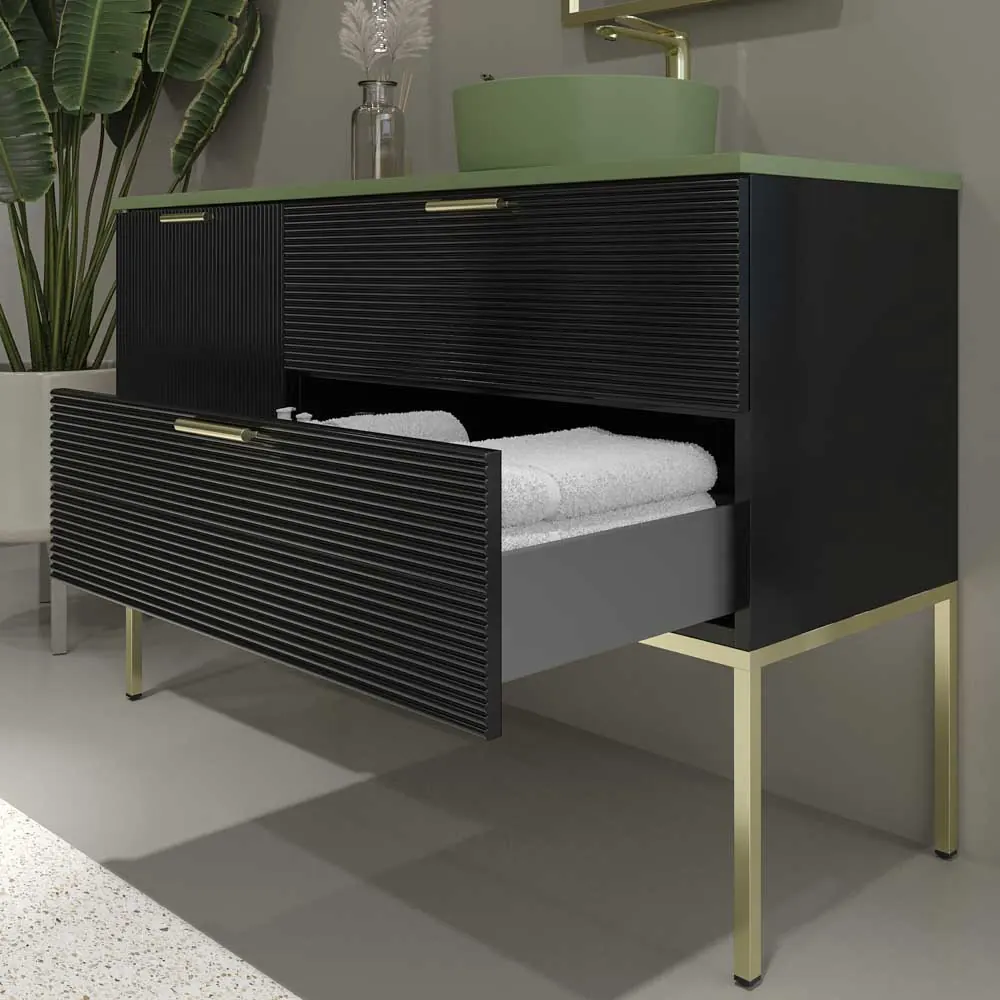 Mobile bagno HOLE con gambe 2 cassetti/1 anta finitura NERO con top Osiris Solid Surface VERDE e lavabo RESEDA - immagine 3