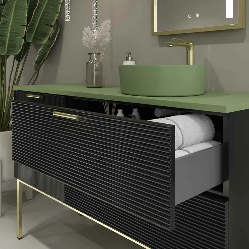 Mobile bagno HOLE con gambe 2 cassetti/1 anta finitura NERO con top Osiris Solid Surface VERDE e lavabo RESEDA - immagine 2