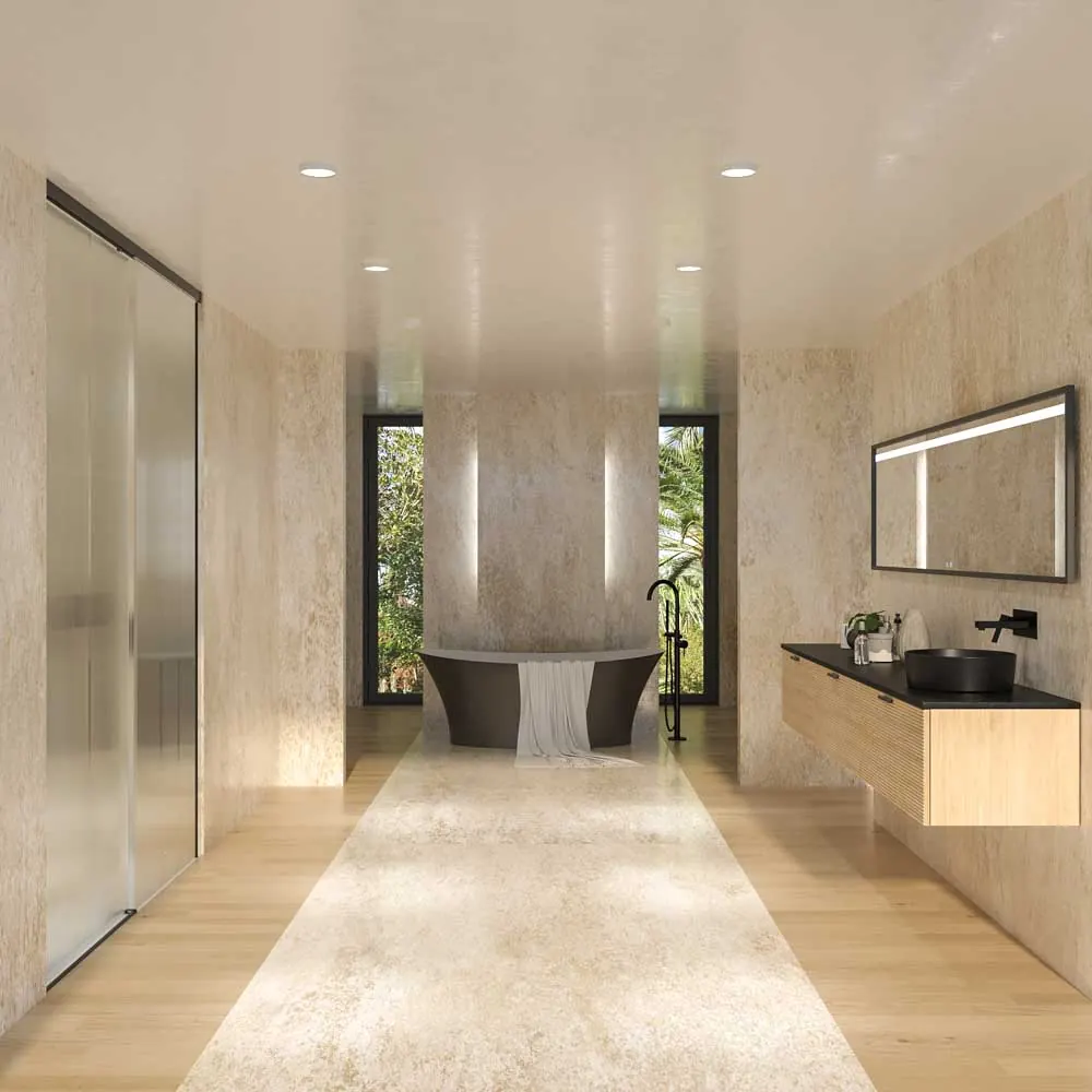 Mobile bagno sospeso HOLE con 3 cassetti finitura ROVERE FRANCESE con piano SOLID SURFACE lavabo Osiris NERO OPACO - immagine 7
