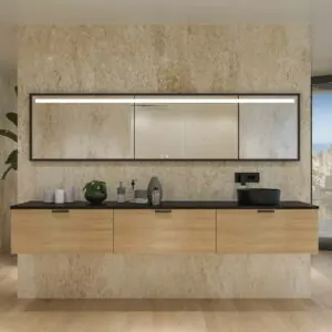 Mobile bagno sospeso HOLE con 3 cassetti finitura ROVERE FRANCESE con piano SOLID SURFACE lavabo Osiris NERO OPACO