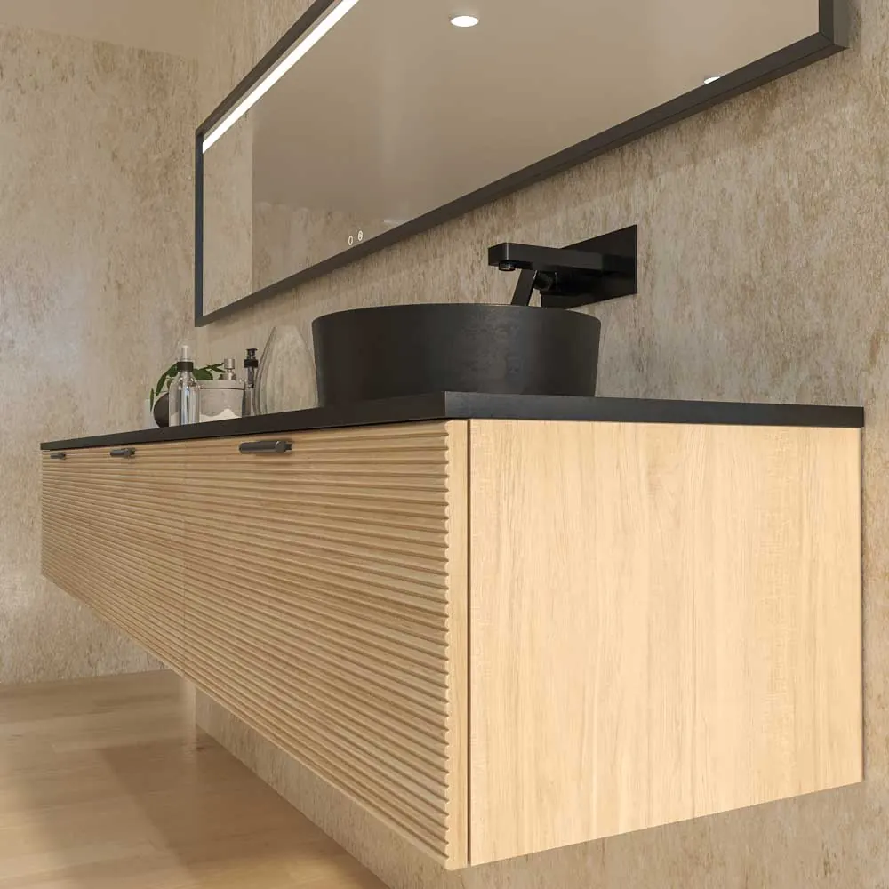 Mobile bagno sospeso HOLE con 3 cassetti finitura ROVERE FRANCESE con piano SOLID SURFACE lavabo Osiris NERO OPACO - immagine 5