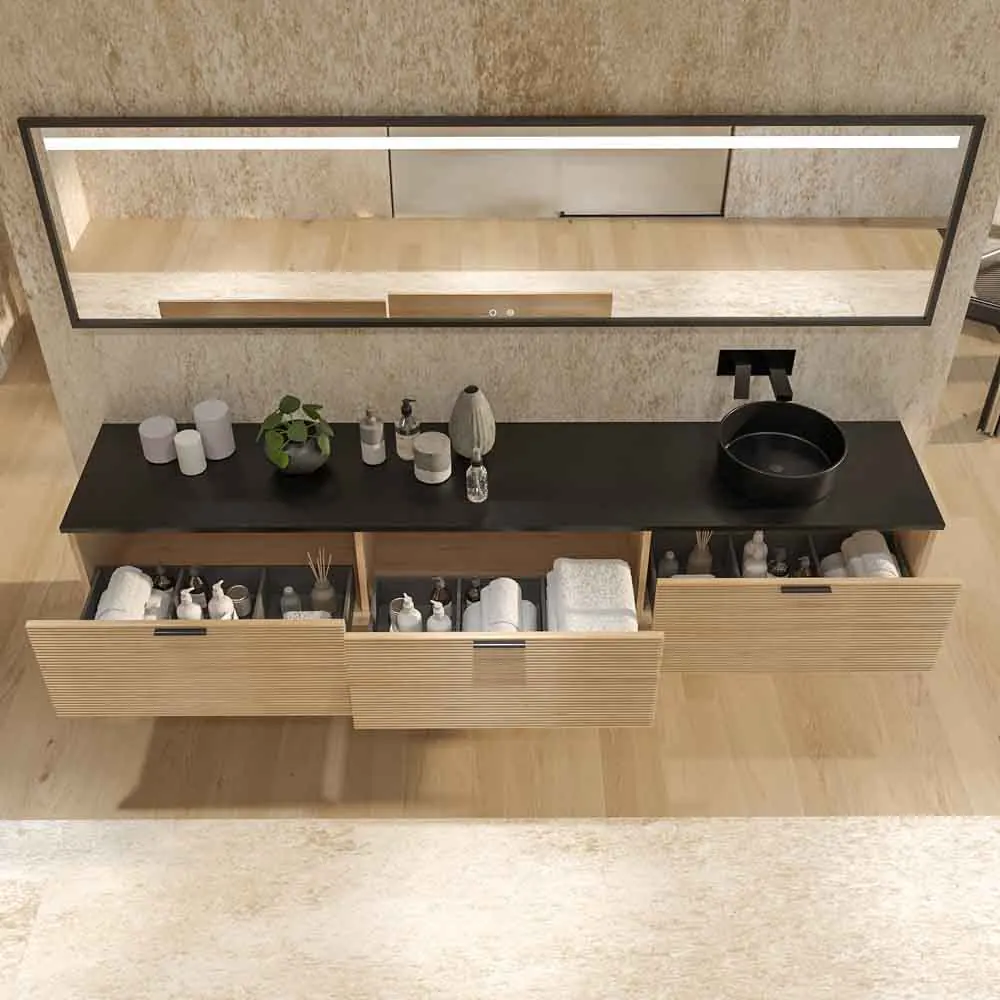 Mobile bagno sospeso HOLE con 3 cassetti finitura ROVERE FRANCESE con piano SOLID SURFACE lavabo Osiris NERO OPACO - immagine 4