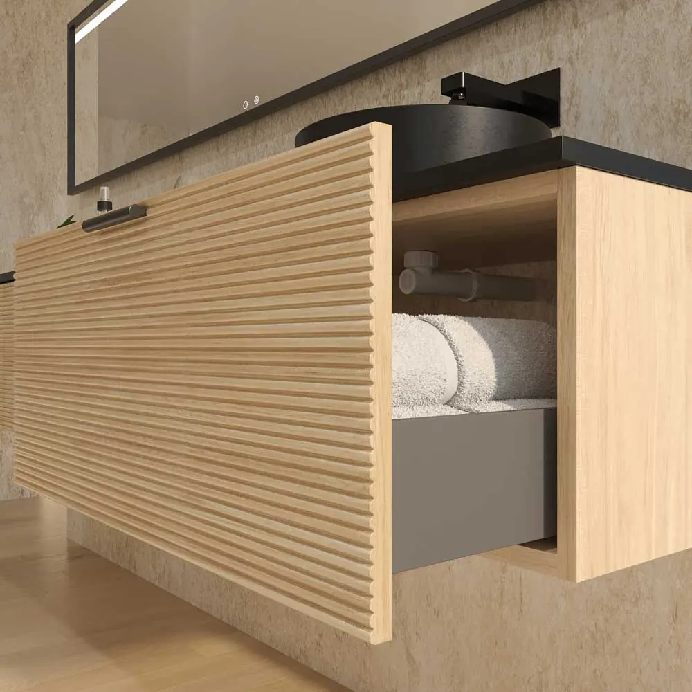 Mobile bagno sospeso HOLE con 3 cassetti finitura ROVERE FRANCESE con piano SOLID SURFACE lavabo Osiris NERO OPACO - immagine 2
