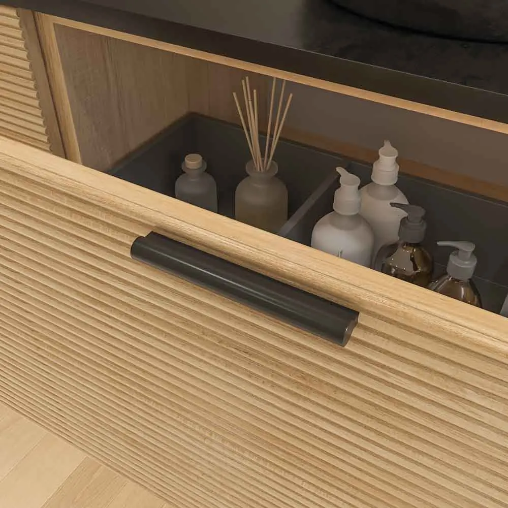 Mobile bagno sospeso HOLE con 3 cassetti finitura ROVERE FRANCESE con piano SOLID SURFACE lavabo Osiris NERO OPACO - immagine 9