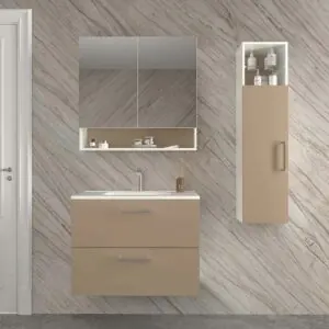 Mobile bagno sospeso NEXO 2 cassetti profondità ridotta 40 cm laccato opaco con lavabo in porcellana MOKA