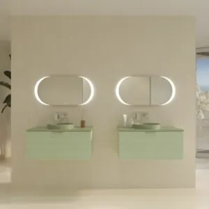 Mobile bagno sospeso HOLE 1 cassetto finitura VERDE OPALO con lavabo da appoggio semincasso SOLID SURFACE VERDE PALIDO