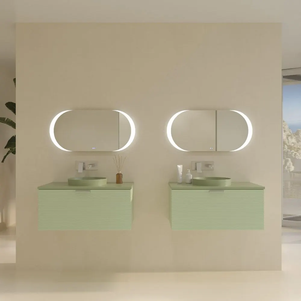 Mobile bagno sospeso HOLE 1 cassetto finitura VERDE OPALO con lavabo da appoggio semincasso SOLID SURFACE VERDE PALIDO