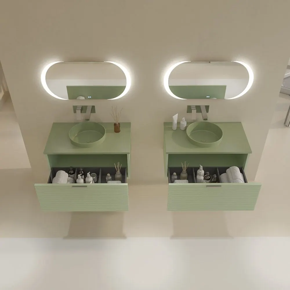 Mobile bagno sospeso HOLE 1 cassetto finitura VERDE OPALO con lavabo da appoggio semincasso SOLID SURFACE VERDE PALIDO - immagine 6