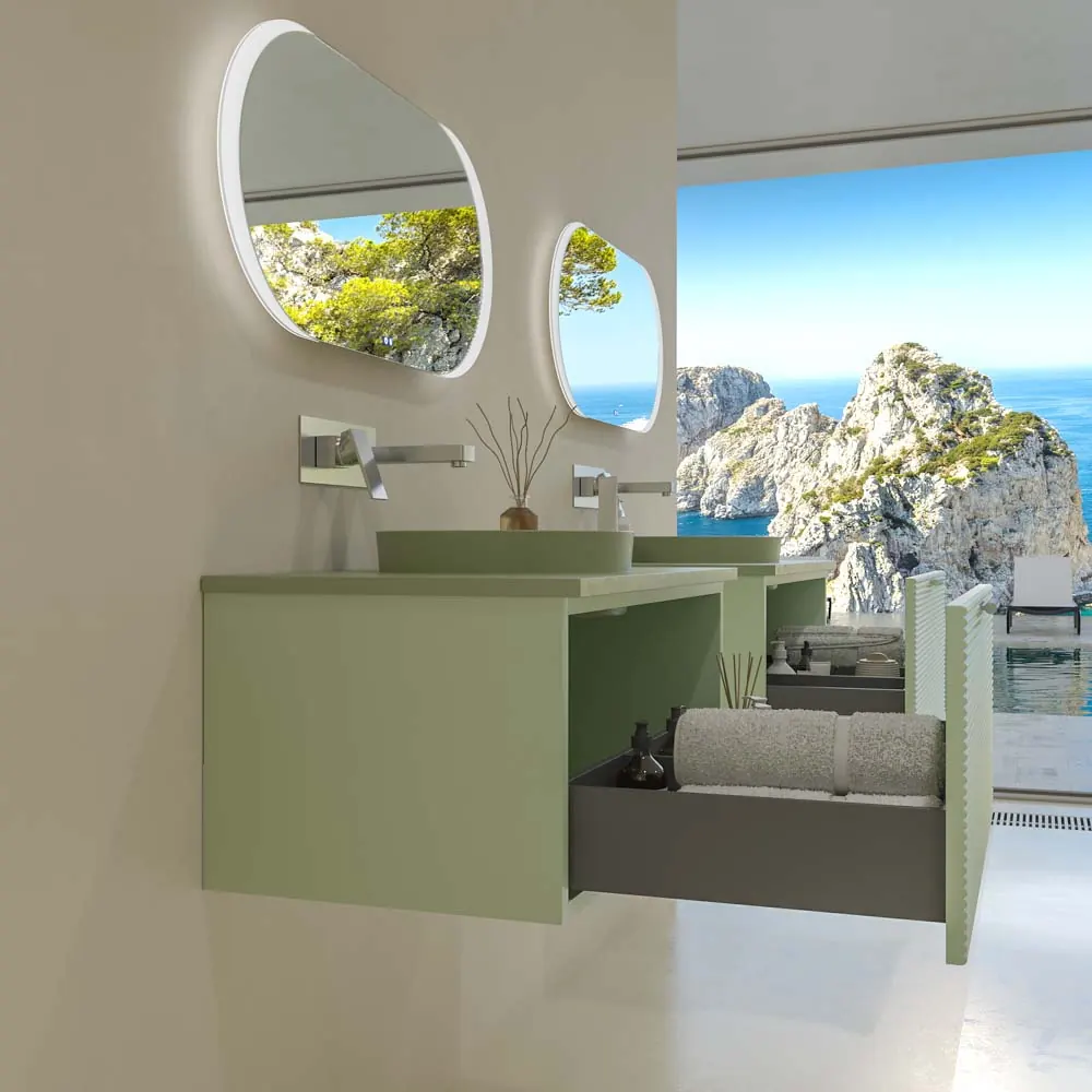 Mobile bagno sospeso HOLE 1 cassetto finitura VERDE OPALO con lavabo da appoggio semincasso SOLID SURFACE VERDE PALIDO - immagine 7
