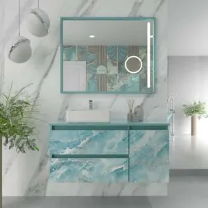 Mobile bagno sospeso 2 cassetti/ 1 anta UNICO effetto marmo con lavabo SATET in Solid Surface