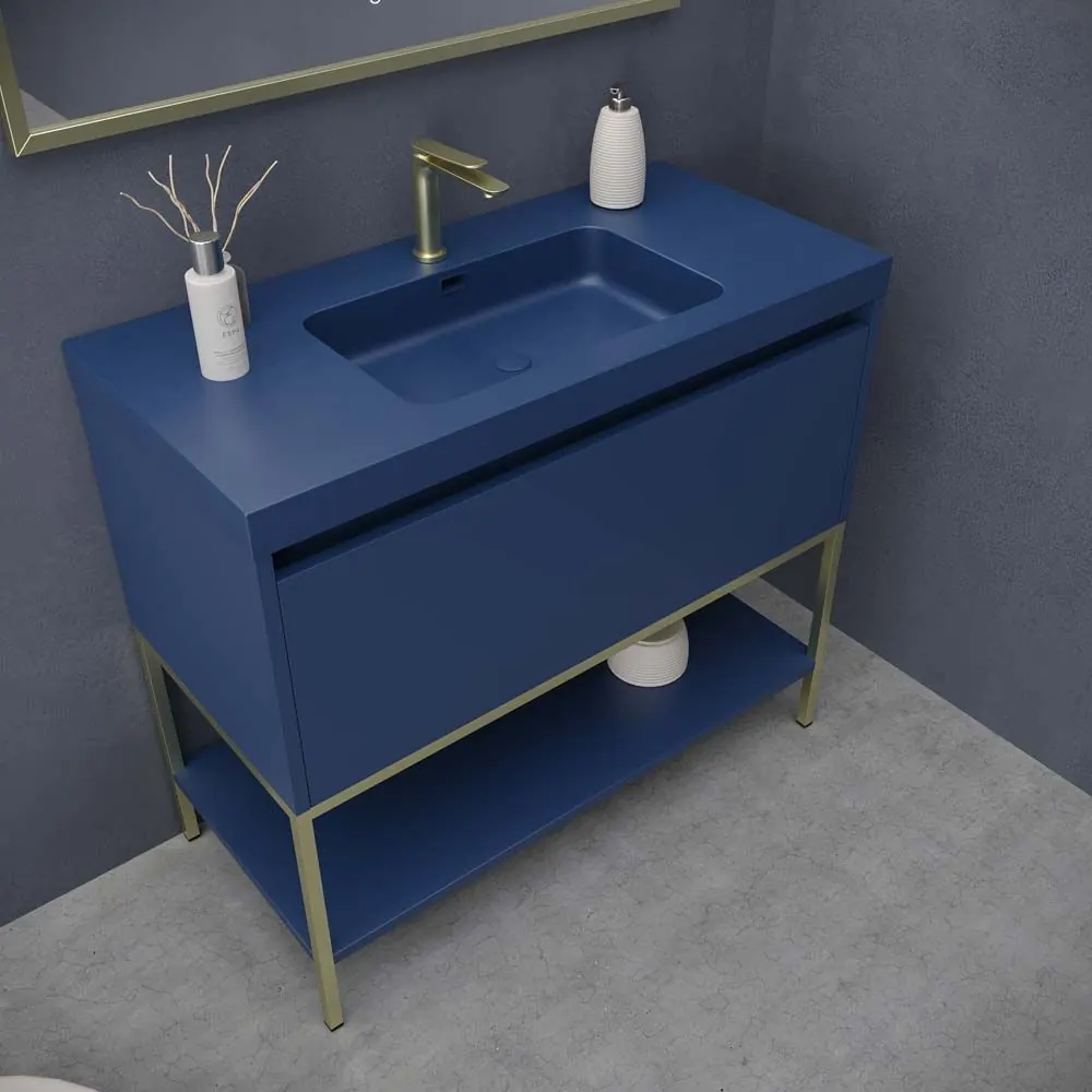 Mobile da bagno ELEN con gambe 1 cassetto – 1 ripiano inferiore BLU COBALTO / ORO OPACO - immagine 4
