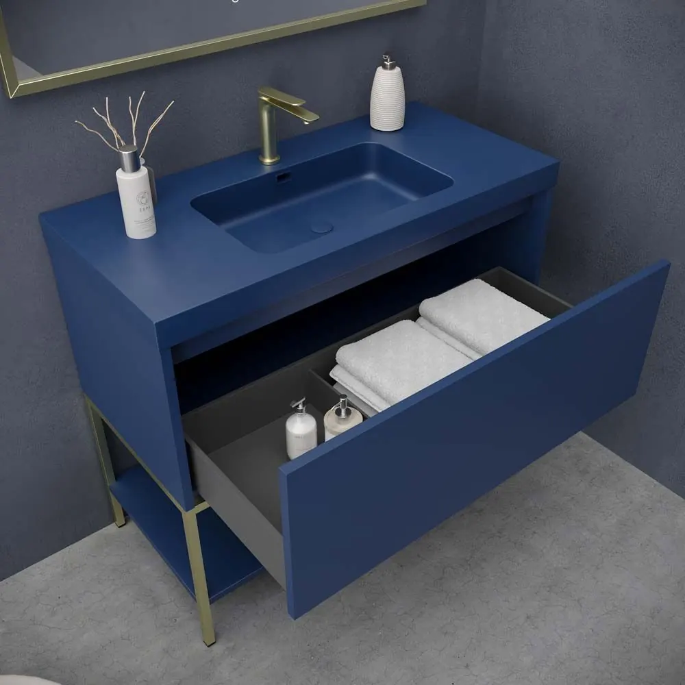Mobile da bagno ELEN con gambe 1 cassetto – 1 ripiano inferiore BLU COBALTO / ORO OPACO - immagine 3