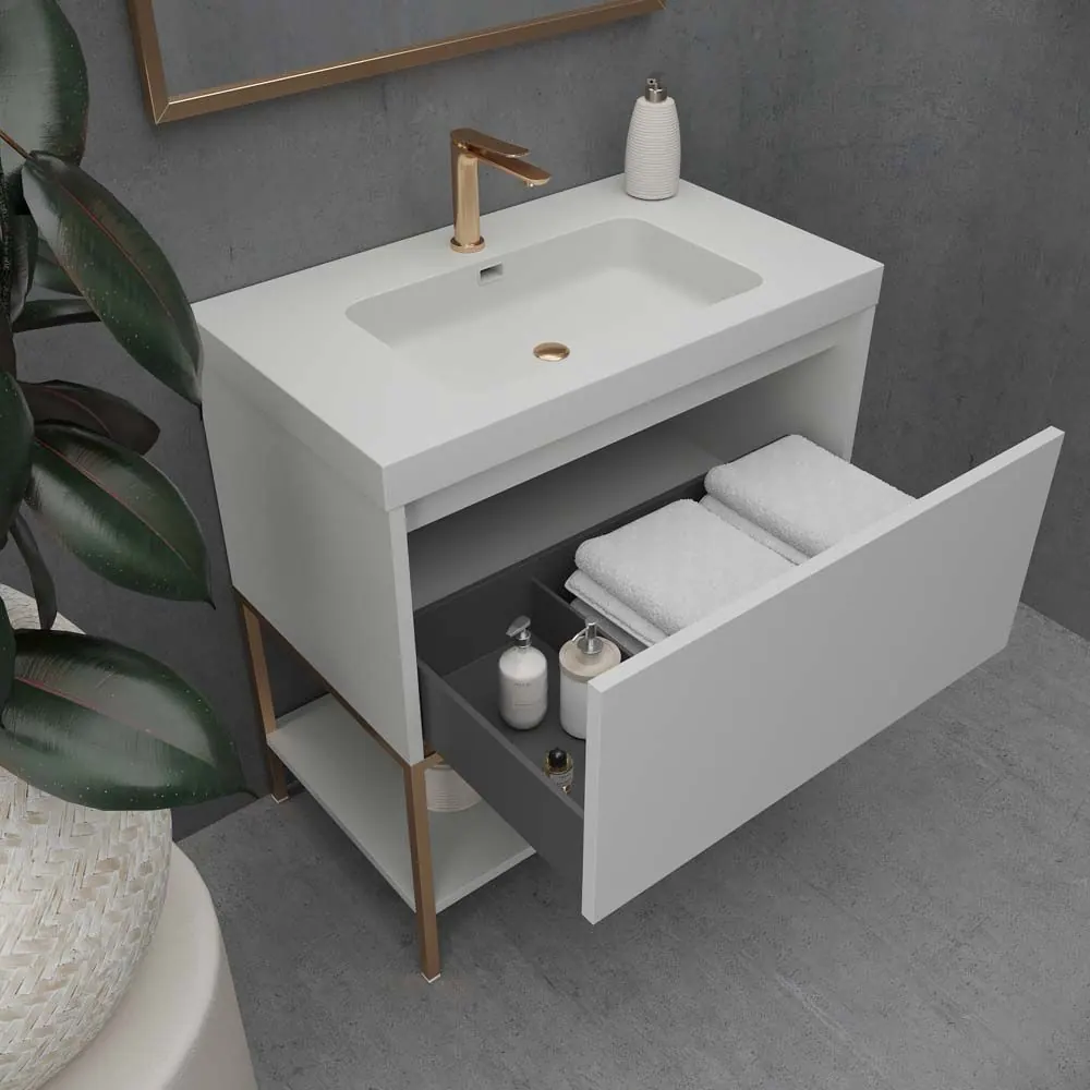 Mobile da bagno ELEN con gambe 1 cassetto – 1 ripiano inferiore GRIGIO PERLA / RAME - immagine 3