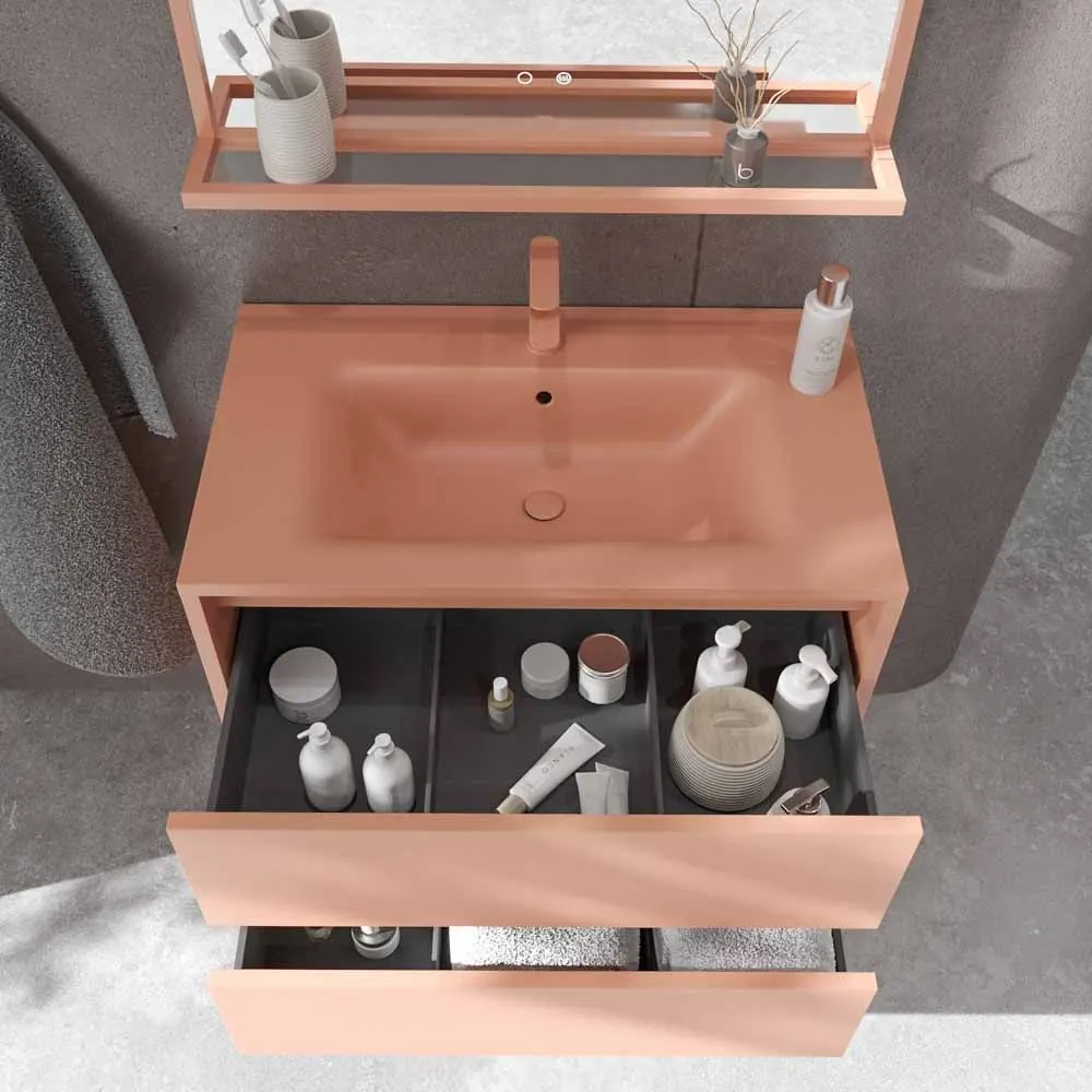 Mobile da bagno con gambe 2 cassetti SMILE con lavabo in Solid Surface ROSSO BEIGE - immagine 2