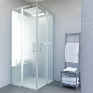 Box doccia BASIC quadrato apertura angolare 2 ante fisse-2 scorrevoli. Nessun profilo inferiore. Con trattamento anticalcare Finitura CROMO LUMINOSO.