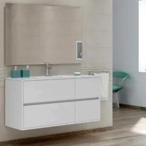 Mobile bagno sospeso CARLOTTA con 4 cassetti e lavabo in ceramica, colore BIANCO