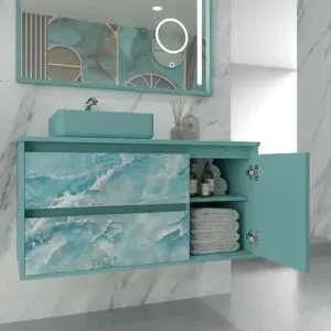 Mobile bagno sospeso 2 cassetti/ 1 anta UNICO effetto marmo con lavabo SATET in Solid Surface / Specchio da bagno UNICO 100x80