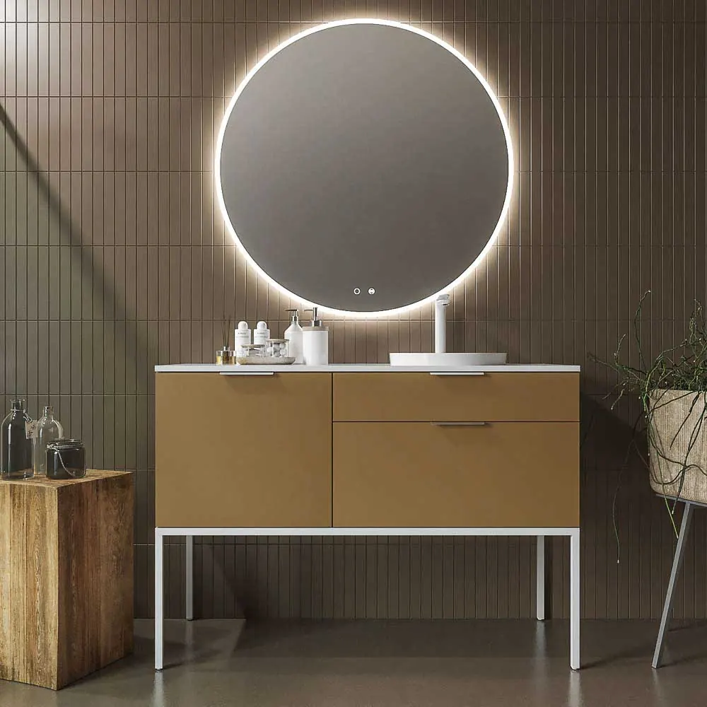 Mobile da bagno ELLA 110 cm 2 cassetti/1 anta VIOLLETA con gambe NERE - Piano SOLID SURFACE 1 lavabo NERO modello FOGO - Colonna 1 anta VIOLLETA gambe nere.180x40x25 cm