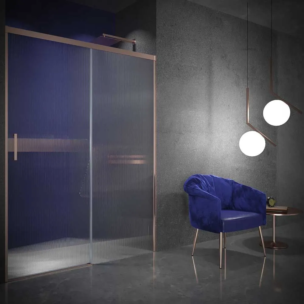 Cabina doccia frontale ANDREA 1 pannello fisso -1 porta scorrevole LARGHEZZA VETRO. Senza profilo inferiore. Finitura ORO ROSA - immagine 3