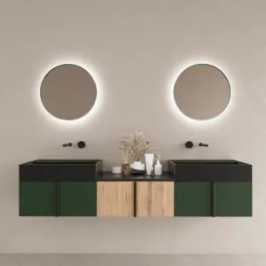 Mobiletto da bagno sospeso NORMA a 3 cassetti in finitura VERDE OLIVO / ROVERE CHIARO