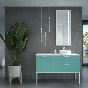 Mobile bagno HOLE con gambe 2 cassetti/1 anta in finitura PASTEL TURQUOISE con top e lavabo Osiris Solid Surface WHITE