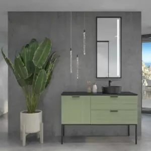 Mobile bagno HOLE con gambe 2 cassetti/1 anta in finitura VERDE PALLIDO con coperchio e lavabo Osiris Solid Surface NERO