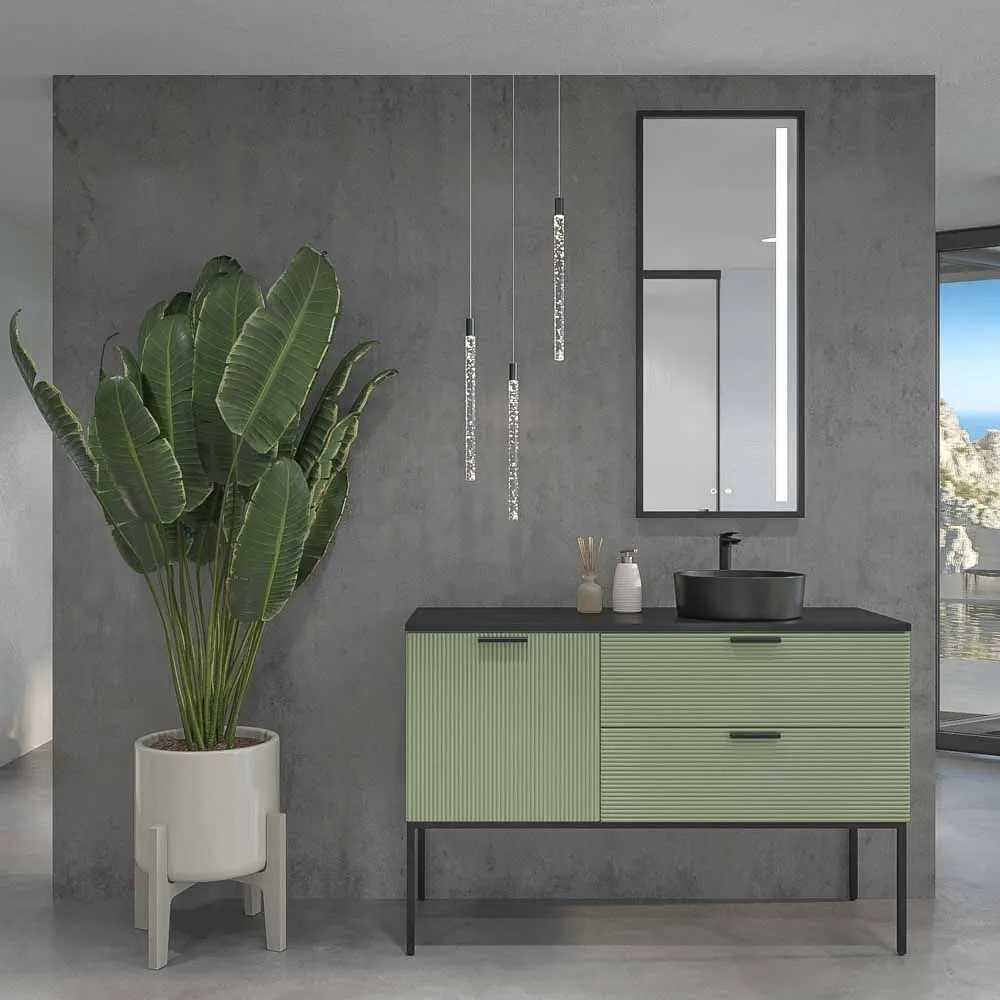 Mobile bagno HOLE con gambe 2 cassetti/1 anta in finitura VERDE PALLIDO con coperchio e lavabo Osiris Solid Surface NERO