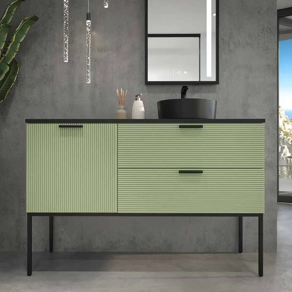 Mobile bagno HOLE con gambe 2 cassetti/1 anta in finitura VERDE PALLIDO con coperchio e lavabo Osiris Solid Surface NERO - immagine 9