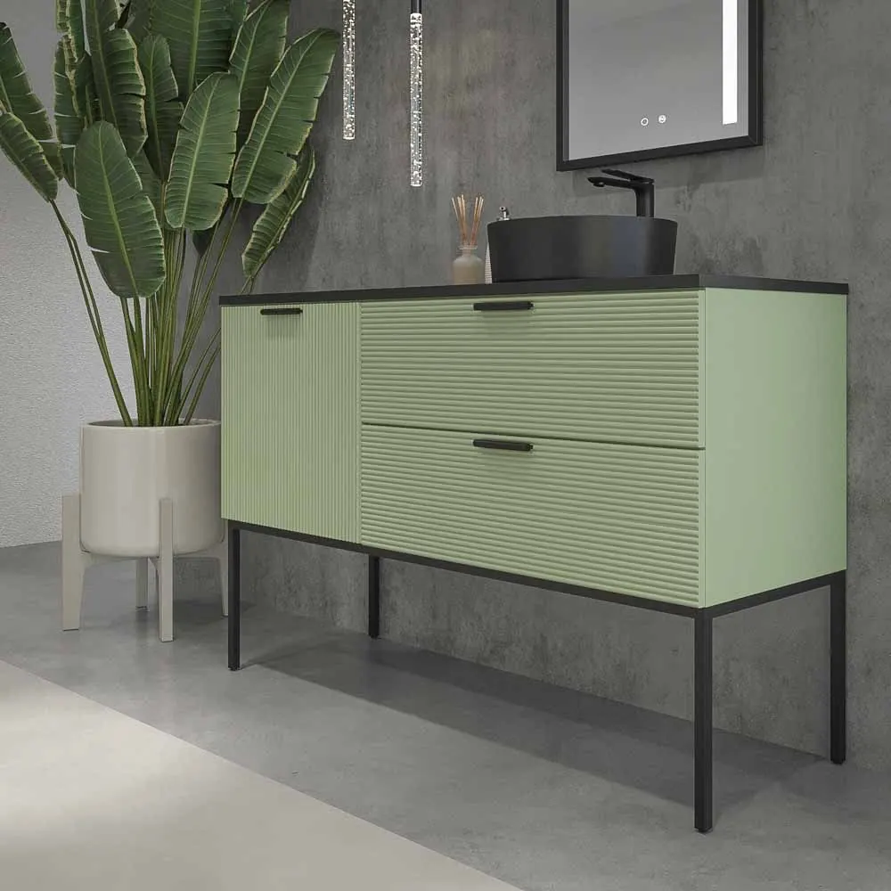 Mobile bagno HOLE con gambe 2 cassetti/1 anta in finitura VERDE PALLIDO con coperchio e lavabo Osiris Solid Surface NERO - immagine 8