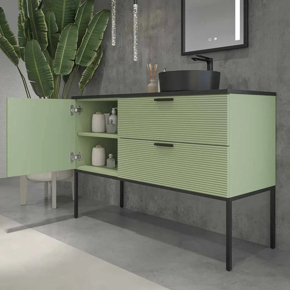 Mobile bagno HOLE con gambe 2 cassetti/1 anta in finitura VERDE PALLIDO con coperchio e lavabo Osiris Solid Surface NERO - immagine 7