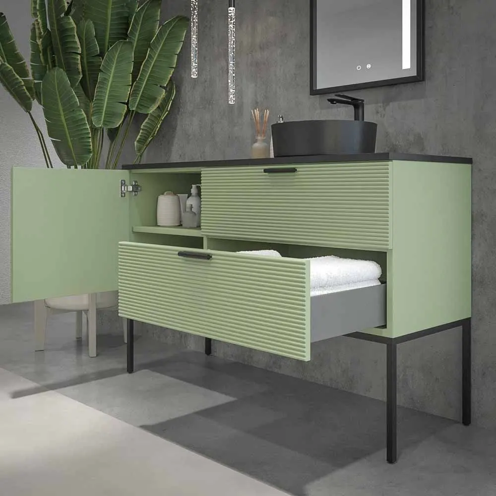 Mobile bagno HOLE con gambe 2 cassetti/1 anta in finitura VERDE PALLIDO con coperchio e lavabo Osiris Solid Surface NERO - immagine 6