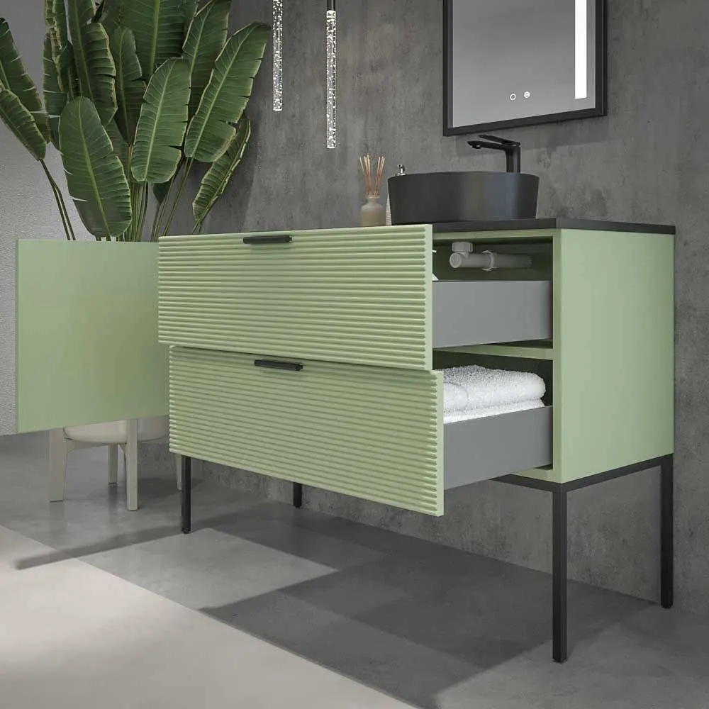 Mobile bagno HOLE con gambe 2 cassetti/1 anta in finitura VERDE PALLIDO con coperchio e lavabo Osiris Solid Surface NERO - immagine 5