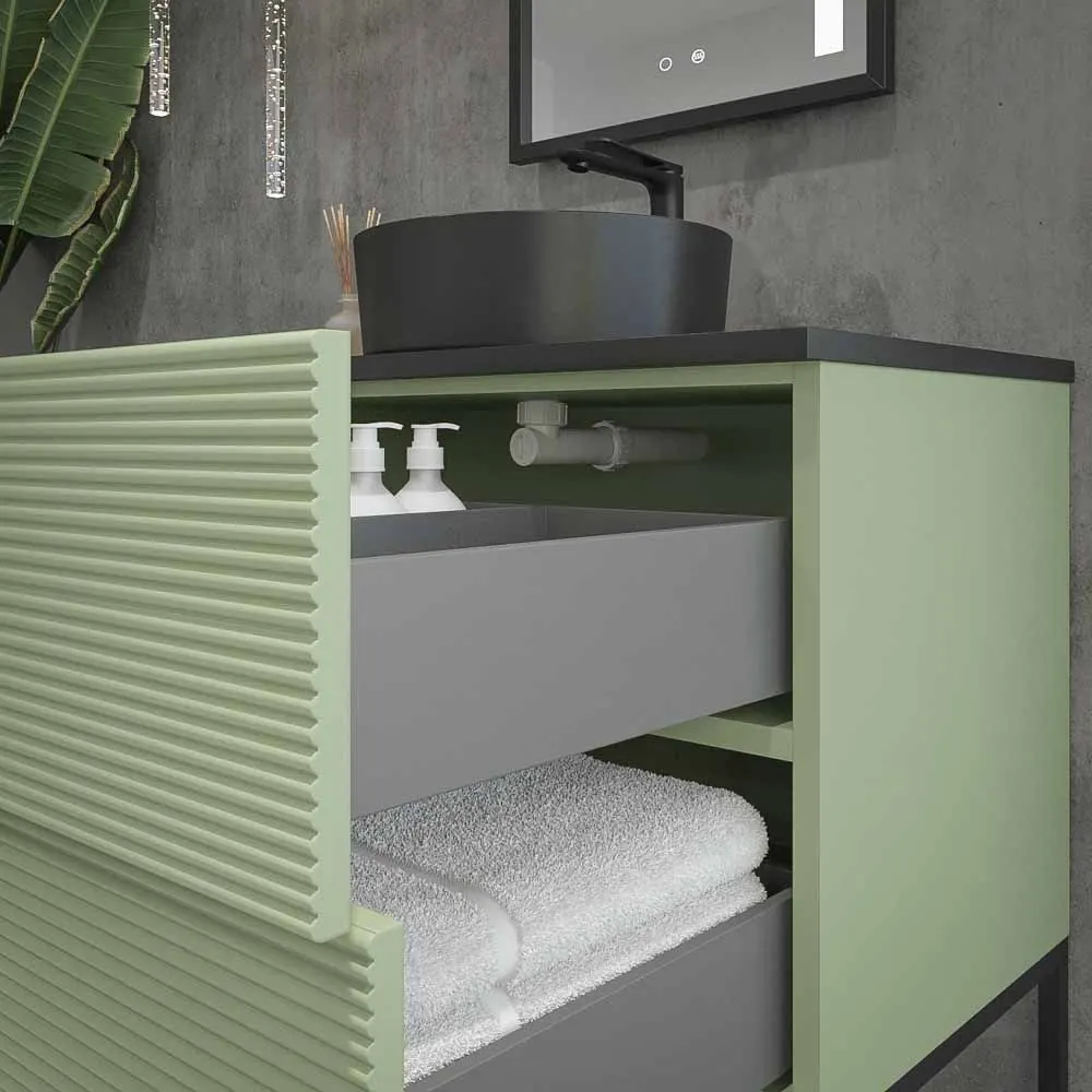 Mobile bagno HOLE con gambe 2 cassetti/1 anta in finitura VERDE PALLIDO con coperchio e lavabo Osiris Solid Surface NERO - immagine 4