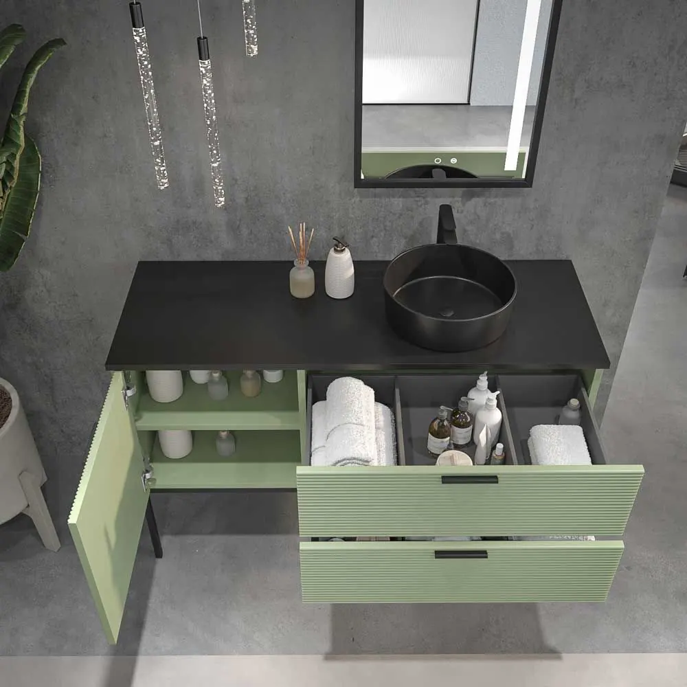 Mobile bagno HOLE con gambe 2 cassetti/1 anta in finitura VERDE PALLIDO con coperchio e lavabo Osiris Solid Surface NERO - immagine 3