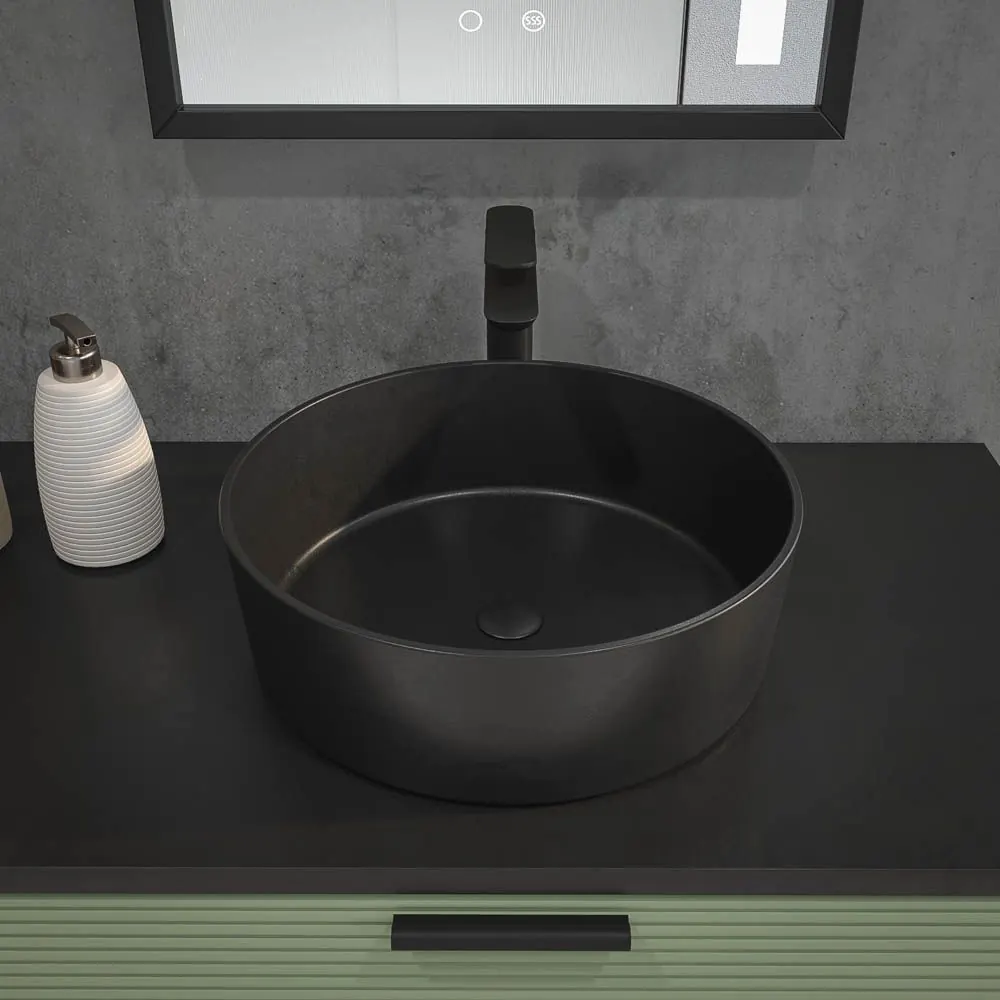 Mobile bagno HOLE con gambe 2 cassetti/1 anta in finitura VERDE PALLIDO con coperchio e lavabo Osiris Solid Surface NERO - immagine 2