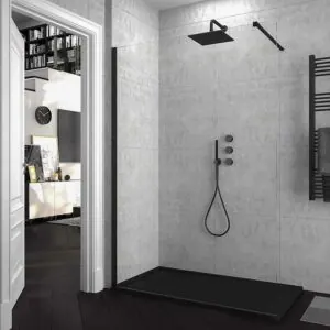 Parete doccia fissa Profilo ZEN Matte Black – Vetro 8 MM con trattamento anticalcare incluso- Braccio allungabile di fissaggio in acciaio.