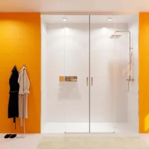 TECH HIGH parete doccia frontale 2 fissa – 2 ante scorrevoli in vetro 8 mm. ACCIAIO INOX realizzato a soffitto