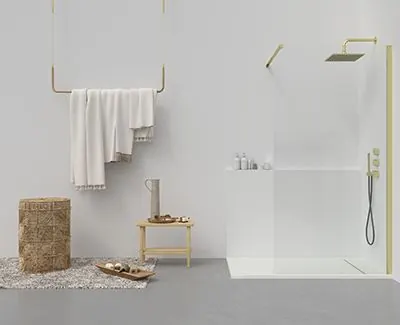 Parete doccia fissa profilo ZEN Gold - Vetro 8 MM con trattamento anticalcare incluso - Braccio di fissaggio in acciaio inox. estensibile - immagine 4